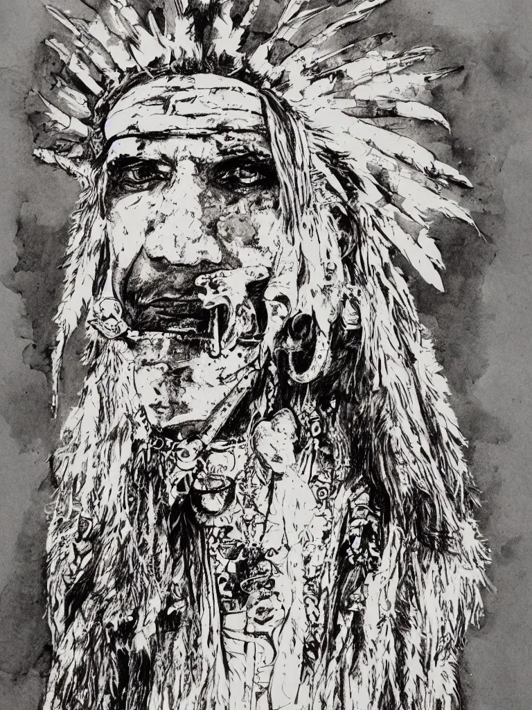 Image similar to a detailed loose wild messy ink sketch portrait of a Native American shaman wearing a bone breastplate in the style of Ralph Steadman, caricature, dramatic with desert colors