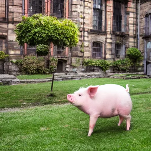 Image similar to pig wearing victorian dress in the courtyard doing crossfit