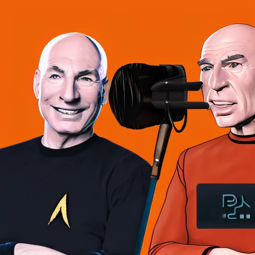 Prompt: jean luc picard and q hosting a podcast, intricate, highly detailed, digital painting