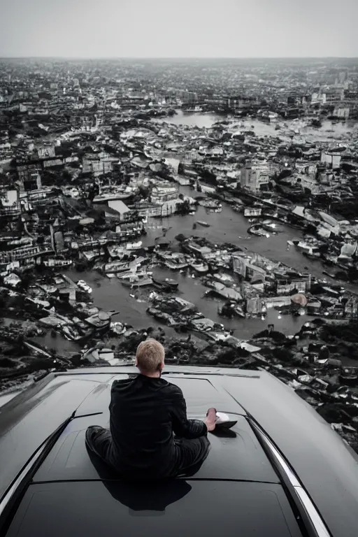 Prompt: Photo of a man sitting on the car roof in the heavy in front of the city that sank, raining, flood, hyper realistic, outdoor lighting, dynamic lighting, volumetric, wide angle, anamorphic lens, go pro, 4k