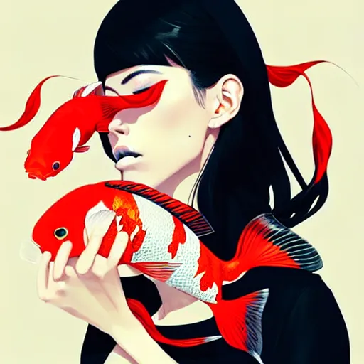 Prompt: a ultradetailed beautiful panting of a stylish woman surrounded by floating koi fish, by conrad roset, greg rutkowski and makoto shinkai, trending on artstation