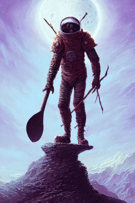 Image similar to Giant with an axe walking on the moon, fantasy, intricate, highly detailed, digital painting, HQ, trending on artstation, illustration, style of Stanley Artgerm and Greg Rutkowski and Dan Mumford