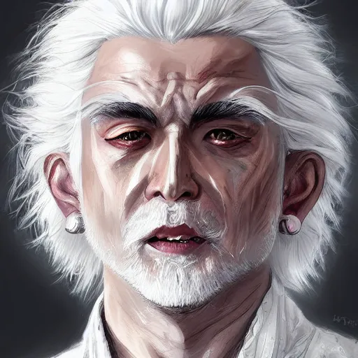 Prompt: a portrait of a white haired parted through the middle asian man, hyperdetailed black sclera eyes, wearing white kimono with black shirt underneath, young, D&D, sci-fi, elegant, hopeful, highly detailed, digital painting, artstation, concept art, smooth, sharp focus, illustration