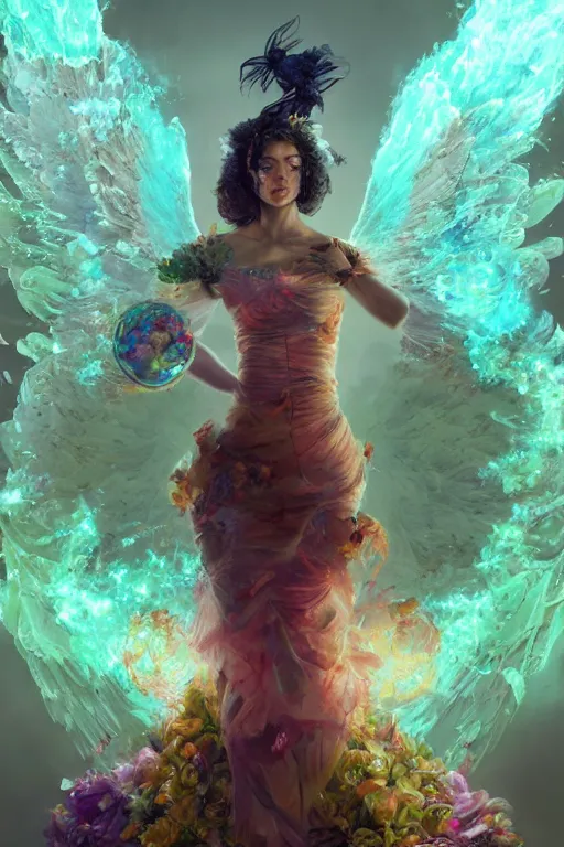 Image similar to beautiful girl necromancer, witch - doctor exploding into flowers fire crystal dress, angels, 3 d render, green magic, hyper realistic detailed portrait, holding electricity and birds, ruan jia, wlop. scifi, fantasy, magic the gathering, hyper detailed, octane render, concept art by artgerm, peter mohrbacher