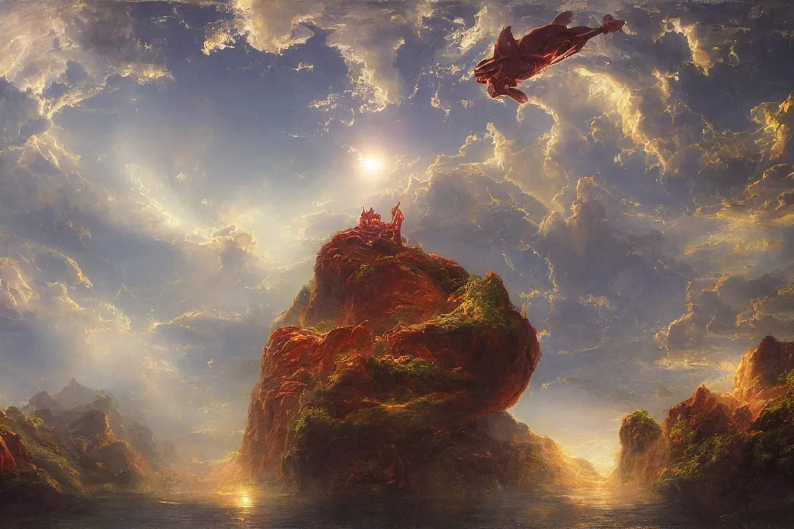 Image similar to impossible floating alien archipielago, concept art by albert biertadt, thomas cole, frederic edwin church, hudson river school, majestic, awe - inspiring, breathtaking