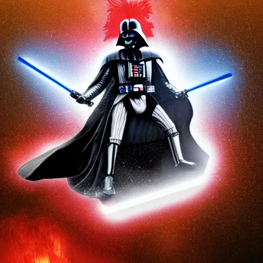 Image similar to Darth Vader riding a Lion with glare