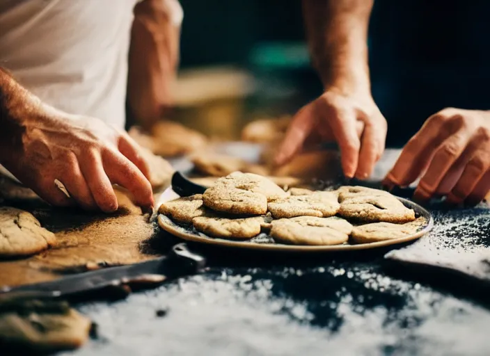 Image similar to a 3 5 mm photo from the back of a man making cookies, splash art, movie still, bokeh, canon 5 0 mm, cinematic lighting, dramatic, film, photography, golden hour, depth of field, award - winning, anamorphic lens flare, 8 k, hyper detailed, 3 5 mm film grain