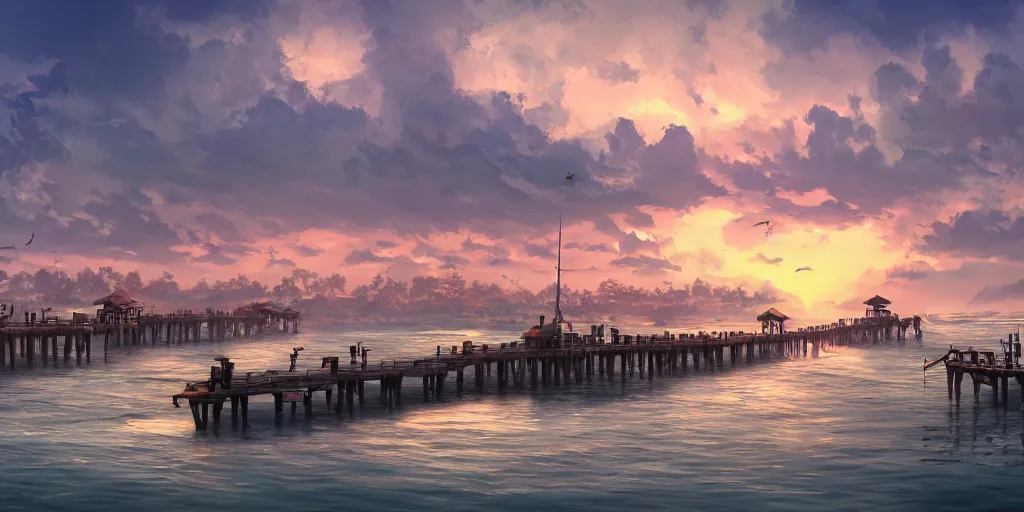 Image similar to pulau indah jetty fishing town in the morning, detailed matte painting, studio ghibli, artstation