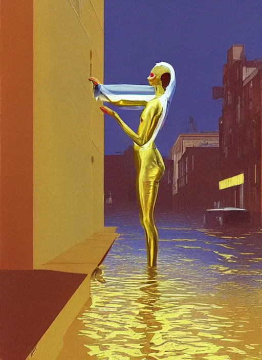 Image similar to futuristic woman dressed in transparent gold foil plastic bags with cutouts, on flooded street Edward Hopper and James Gilleard, Zdzislaw Beksinski, highly detailed