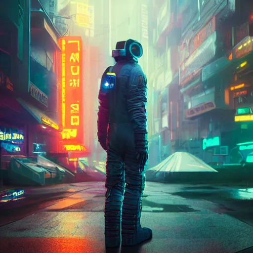 Image similar to professional photo of astronaut on cyberpunk street, synthwave, blade runner 2 0 4 9 style, hyperrealistic masterpiece, trending on artstation, cgsociety, kodakchrome, golden ratio, cinematic, composition, beautiful lighting, hyper detailed, sharp focus, octane render, 4 k, unreal engine