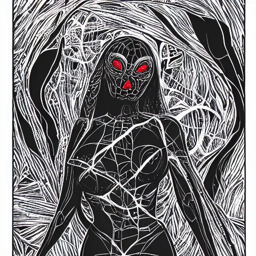 Image similar to woman who is also a horrible black spider, detailed ink art, 4k