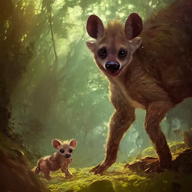 Image similar to a beautiful painting of a cute brown baby hyena in a forest. disney character design by cory loftis, fenghua zhong, ryohei hase, ismail inceoglu and ruan jia. artstation, volumetric light, detailed, photorealistic, rendered in octane