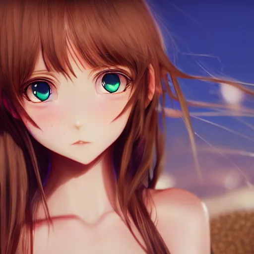 Prompt: Render of a very beautiful 3d anime girl, long hair, hazel eyes, cute freckles, full round face, short smile, cute sundress, golden hour, serene beach setting, cinematic lightning, medium shot, mid-shot, highly detailed, trending on Artstation, Unreal Engine 4k, cinematic wallpaper