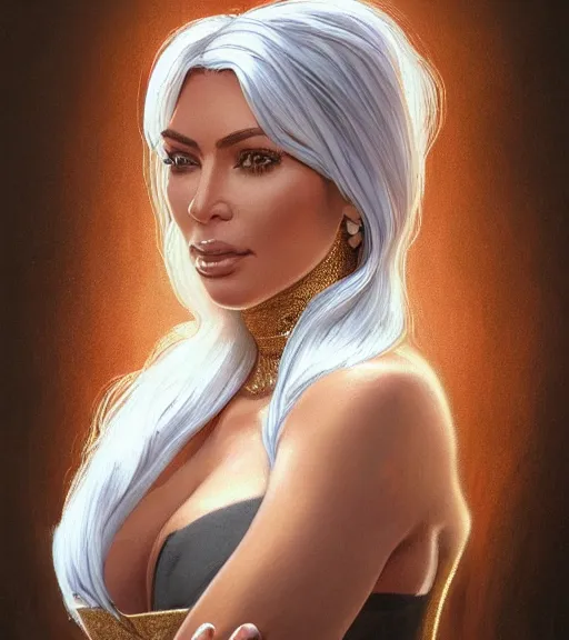 Image similar to kim kardashian wearing a golden dress, grey hair, red necktie, cinematic, stunning, highly detailed, digital painting, artstation, smooth, hard focus, full body shot, illustration, art by artgerm and greg rutkowski and alphonse mucha