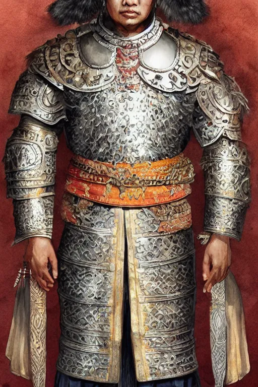 Image similar to full body portrait of king ramkamhaeng the great, leather armor, tai ethnic group, highly detailed, digital painting, watercolor, artstation, concept art, smooth, sharp focus, illustration