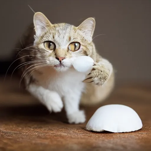 Image similar to a small domestic housecat with a white mushroom growing atop its head