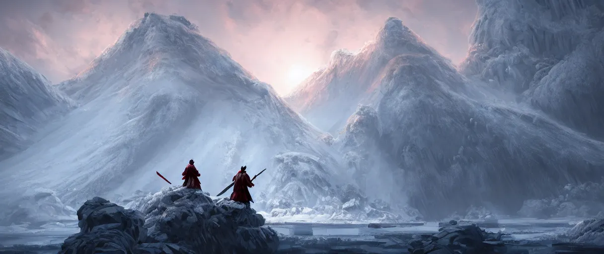 Image similar to digital painting of a frozen ice covered volcano, style sekiro, concept art, high angle, high detail, cold lighting, dark, vivid, beautiful, trending on artstation, by Jordan grimmer, no focus, huge scene, terrain visible