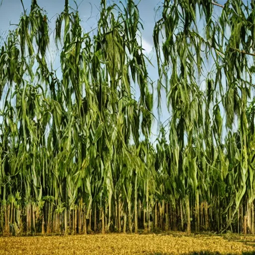 Prompt: an abandoned farm of weeping corn trees