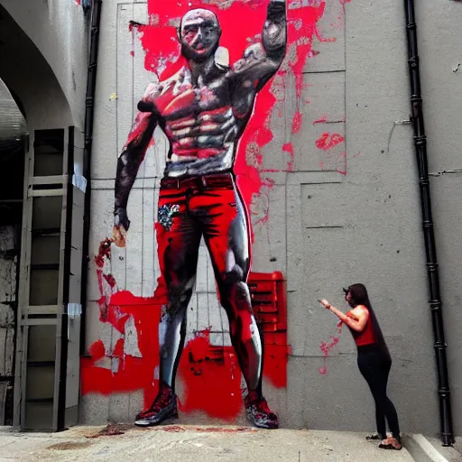 Prompt: Gigachad Muscular Red Forman Flexing, Urban Graffiti Banksy, Bordalo, trending on artstation