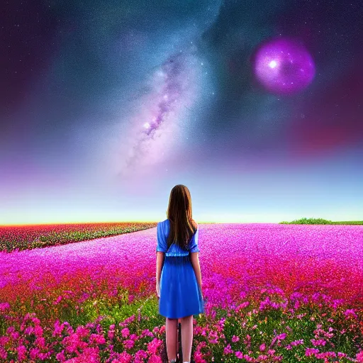 Prompt: girl among the flower field looks at the cosmic sky, epic, 4 k, high detalied, hyper realistic