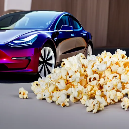 Prompt: a tesla model 3 made out of popcorn, high res photograph, 5 0 mm