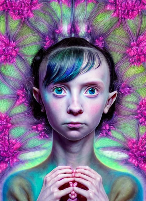 Prompt: hyper detailed 3d render like a Oil painting - kawaii portrait Aurora (a girl with skin like a skeksis from dark crystal that looks like millie bobby brown and Krysten Ritter) seen Eating of the Strangling network of yellowcake aerochrome and milky Fruit and His delicate Hands hold of gossamer polyp blossoms bring iridescent fungal flowers whose spores black the foolish stars by Jacek Yerka, Ilya Kuvshinov, Mariusz Lewandowski, Houdini algorithmic generative render, Abstract brush strokes, Masterpiece, Edward Hopper and James Gilleard, Zdzislaw Beksinski, Mark Ryden, Wolfgang Lettl, hints of Yayoi Kasuma, octane render, 8k