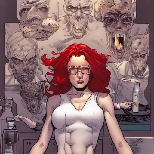 Prompt: a beautiful comic book illustration of a red-headed woman with a white shirt in a laboratory waving by Jerome Opeña, featured on artstation