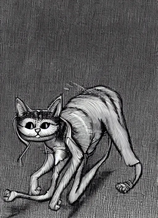 Image similar to a cat with spider legs and spider eyes, walking towards camera, highly detailed, by junji ito.