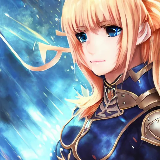 Image similar to beautiful depiction of saber from fate / stay night, with armour from caster with fox ears, high details, high resolution, kantai collection style, noise filtered, artstation, kantai collection arcade, 4 k, highly detailed, high quality