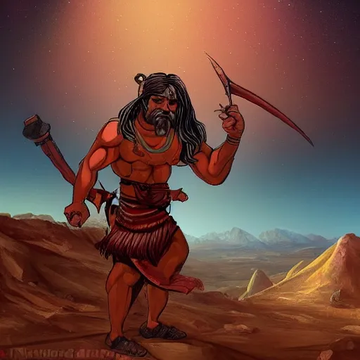 Image similar to persian folktale art style, barbarian on mars, pulp science fiction, standing atop boulder overlooking barren expanse, back facing the viewer