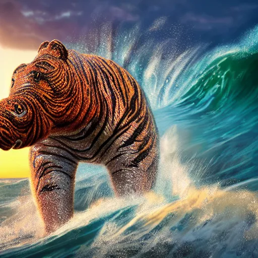 Image similar to a closeup photorealistic photograph of a large knitted tiger hippopotamus riding a large wave during sunset. surf in the background. professional capture. brightly lit scene. this 4 k hd image is trending on artstation, featured on behance, well - rendered, extra crisp, features intricate detail, epic composition and the style of unreal engine.