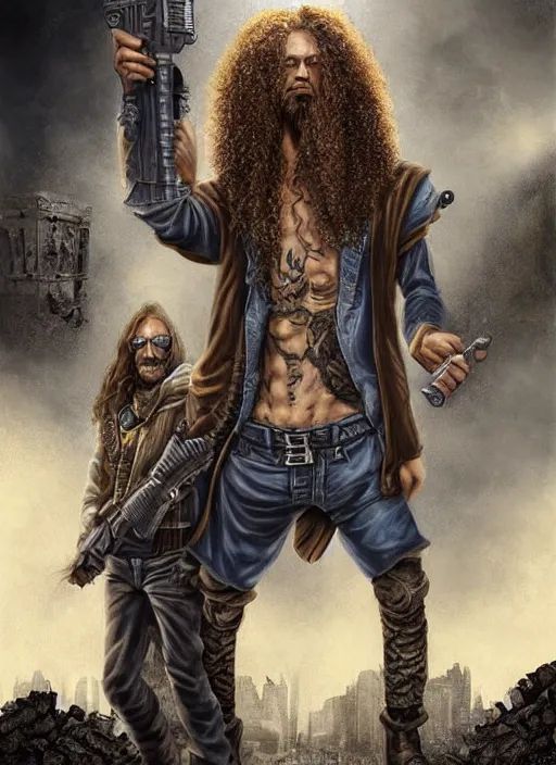 Image similar to portrait of a wizard holding a gun, the wizard has curly head and tattoos, the wizard holding a pistol points downwards, the wizard holding a pistol is only one and stands in a ruined city. by Ciryl Rolando, hyperrealistic illustration, digital art, studio lightning, very detailed faces