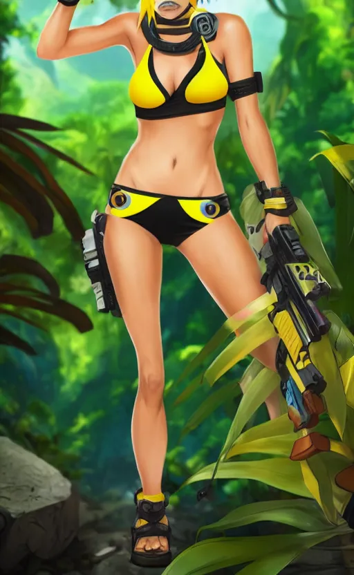Image similar to tracer game character, in yellow bikini, blonde hair, black eyes, hands free, against the background of the jungle full height