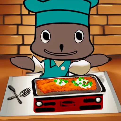 Image similar to anime style cute platypus on a kitchen wearing a chef hat and holding a lasagna into an oven, anime style, 3 d, chibi style, kawaii