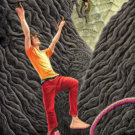 Image similar to Adam Ondra, portrait, style alex gray, style dan hillier, dmt background, hyperrealistic, snake climbing ropes