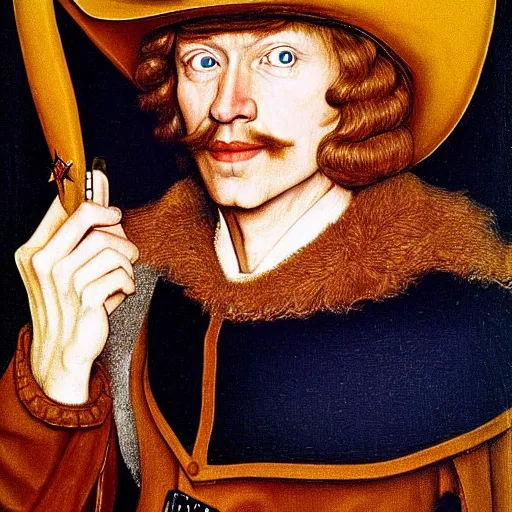 Prompt: 3/4 bust portrait of a shifty high fantasy elf sheriff wearing a cowboy hat and star badge by Jan van Eyck