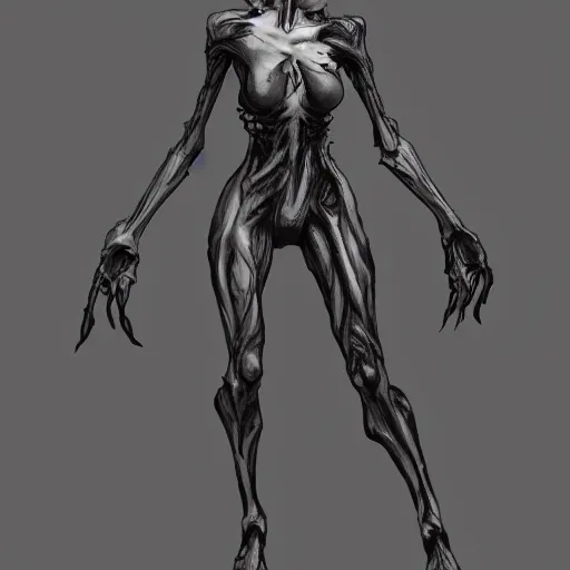 Prompt: female wraith, undead, dynamic pose, elongated legs, long fingers, talons, skull, terrifying, dark, fog, artstation