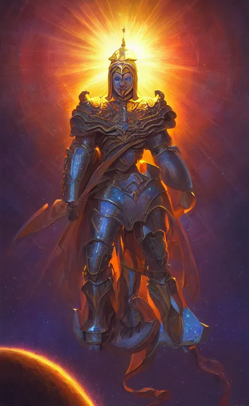 Prompt: a celestial sun god, in the armor of a thousand universes, dynamic lighting, fantasy concept art, trending on art station, stunning visuals, creative, cinematic, ultra detailed, ray tracing, sun rays, majestic, tim hildebrandt