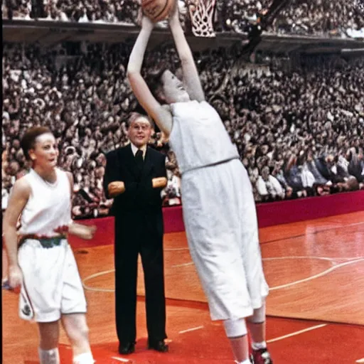 Prompt: photo of queen elizabeth ii dunking a basketball