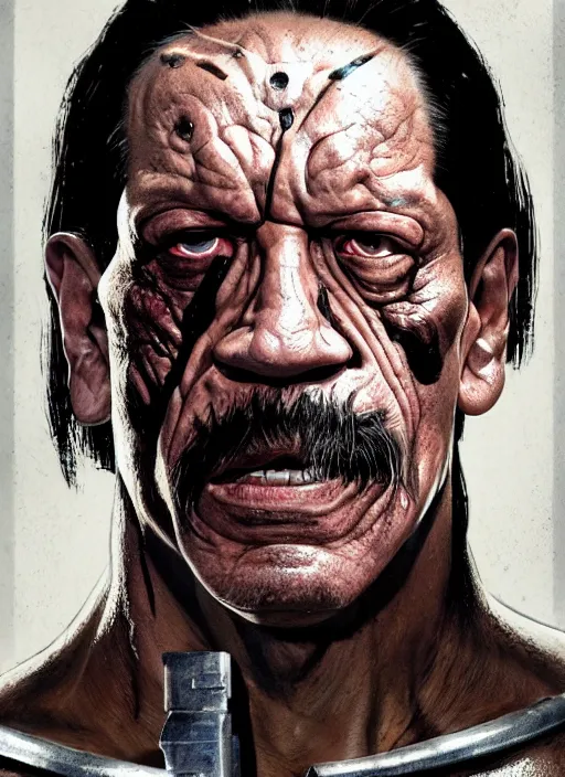 Prompt: danny trejo as victor stone, full body concept, cyborg, borg, strogg, face of a man, terminator, flesh, quake strogg, doom demon, wolfenstein, monstrous, powerful, symmetry, symmetrical, concept art by ruan jia and greg rutkowski