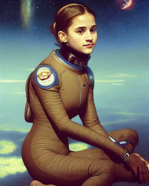 Image similar to a portrait painting of a shy, blushing 1 6 - year old astronaut resembling alicia vikander wearing a skintight spacesuit at night with a sky full of stars, intricate, elegant, highly detailed, artstation, concept art, by krenz cushart and artem demura and william adolph bouguereau and alphonse mucha