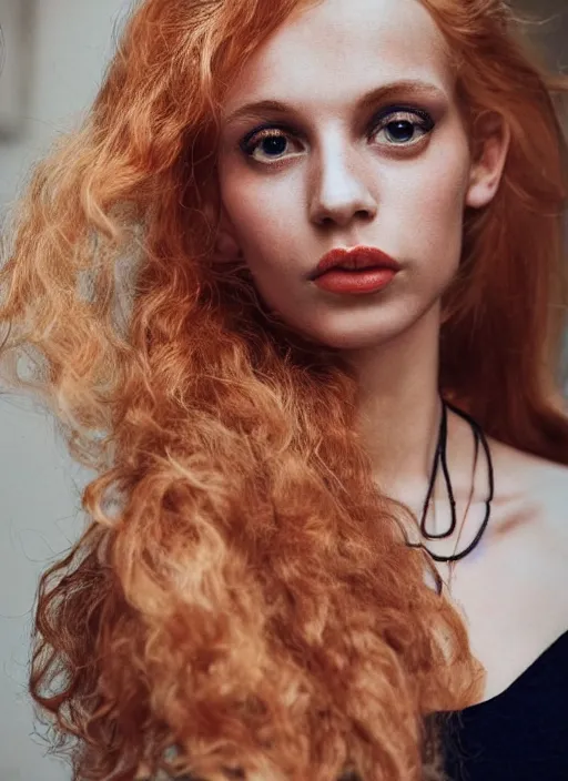 Prompt: vintage photograph of an olive skinned female model with strawberryblonde hair in her twenties, her hair pinned up, wearing a designer top, looking coy, focused on her neck, photo realistic, extreme detail skin, natural beauty, no filter, slr, golden hour, 4 k, high definition, selfie