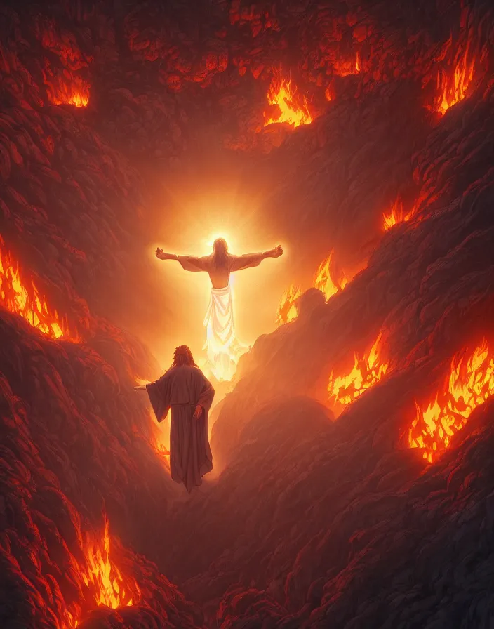 Prompt: jesus descends into hell by dan mumford, yusuke murata and makoto shinkai, 8k, cel shaded, unreal engine, featured on artstation, pixiv