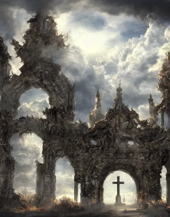 Image similar to Gates of heaven in the clouds, concept art, ultra realistic, super detailed, photorealistic, cinematographic, epic lighting, religious