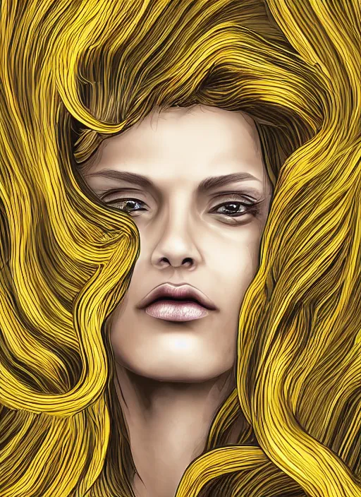 Image similar to dramatic digital art of a woman with super wavy snake goldened marble hair. moody and melanchonic.