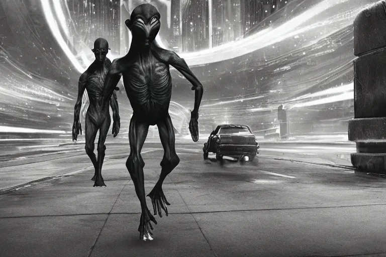 Prompt: an amazing award winning photo of an alien on the run in a unknown alien city, cinematic