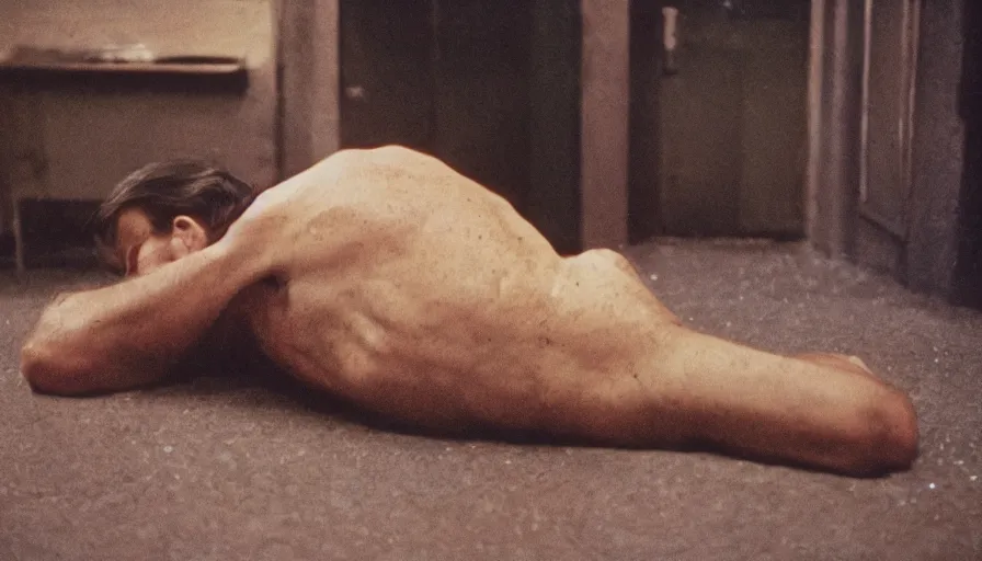 Prompt: 7 0 s movie still of a melting man, cinestill 8 0 0 t 3 5 mm technicolor, heavy grain, high quality, high detail