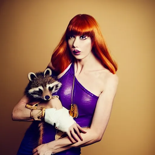 Prompt: a high - fashion photo of a slender beautiful woman with straight ginger hair and bangs, wearing purple leathers and gold helmet, posing with large ginger tabby and raccoon on a motorcycle in front yard, holding coffee mug and toasted brioche bun, fashion photography, dramatic lighting, 8 5 mm lens