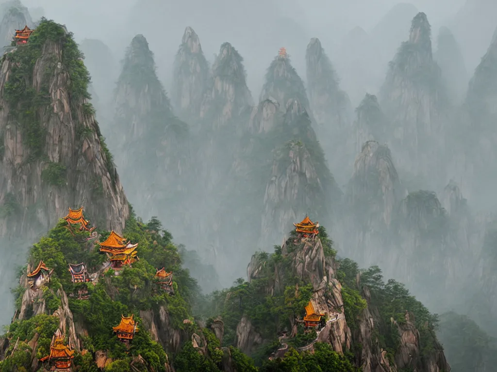 Image similar to the beautiful mountainous landscape of huangshan with buddisht and taoist temples on hilltops on a rainy day by gediminas pranckevicius