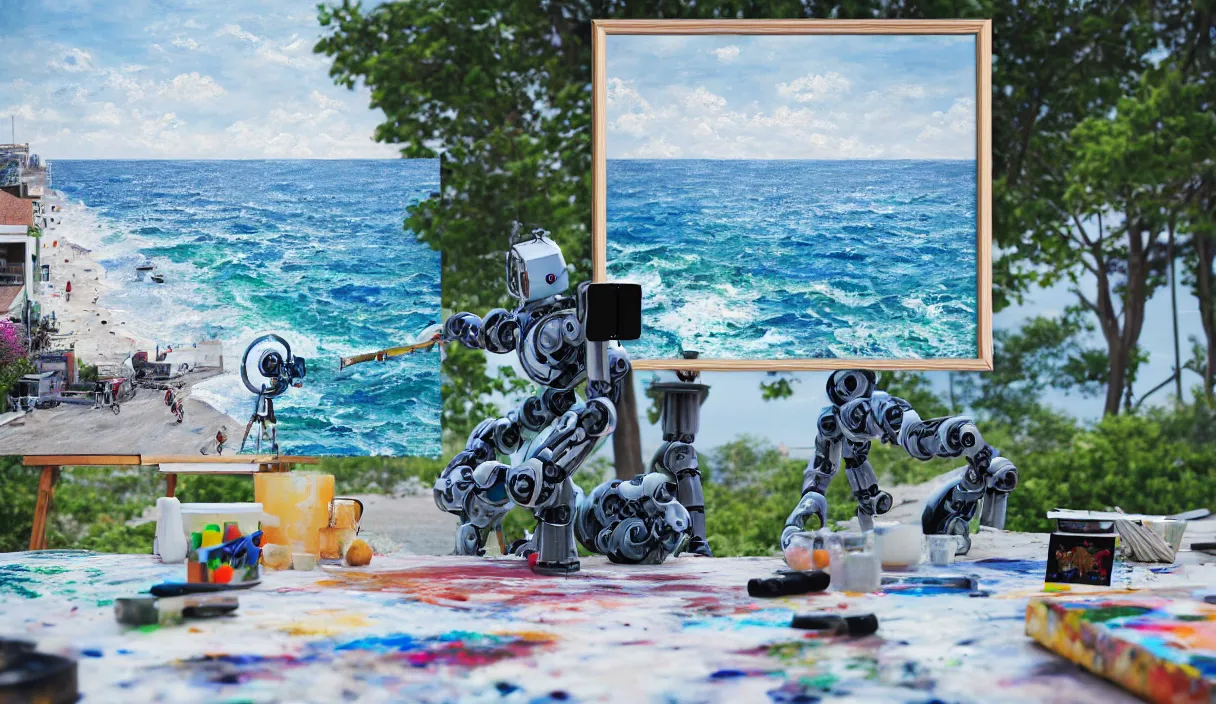 Image similar to an high resolution photo of a robot paiting a picture on a terrace over the sea, hyper detailed, photography, realistic, art, 8 k, unreal engine, cinematic, shallow focus, f 2. 8 3 5 mm, kodak film, 3 5 mm film